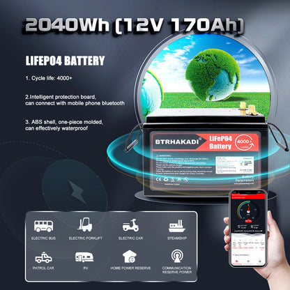 EU STOCK 12V 170Ah C20 Rechargeable Battery Pack With Bluetooth BMS and 14.6V 10A Charger For Solar System RV EV Boat Solar energy