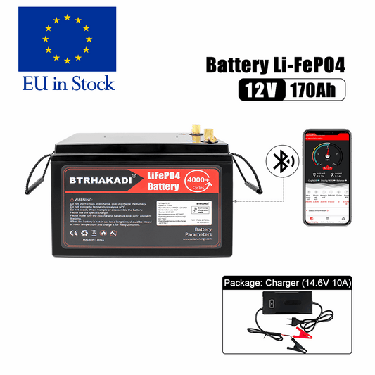 EU STOCK 12V 170Ah C20 Rechargeable lifepo4 Battery Pack With Bluetooth BMS and 14.6V 10A Charger For Solar System RV EV