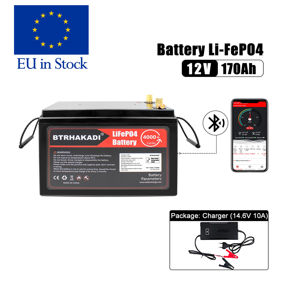 EU STOCK 12V 170Ah C20 Rechargeable Battery Pack With Bluetooth BMS and 14.6V 10A Charger For Solar System RV EV Boat Solar energy