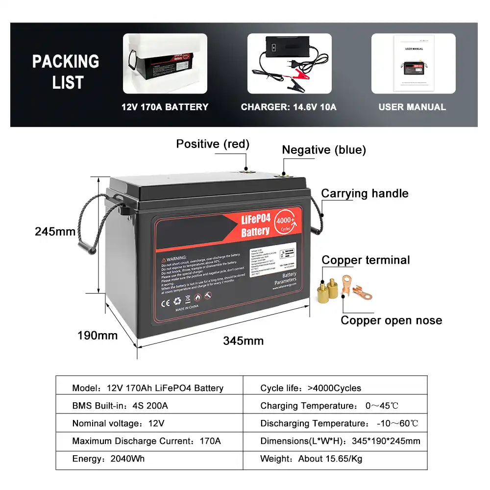 Selian 12V 170Ah Lifepo4 Rechargeable Battery Pack With BMS and 14.6V 10A Charger For Solar System, RV, Boat High Waterproof