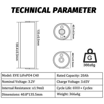 EVE C40 lifepo4 battery Grade A 3.2V 20AH 3C Cylindrical LiFePO4 battery Cell for Batteries pack Ev Rv