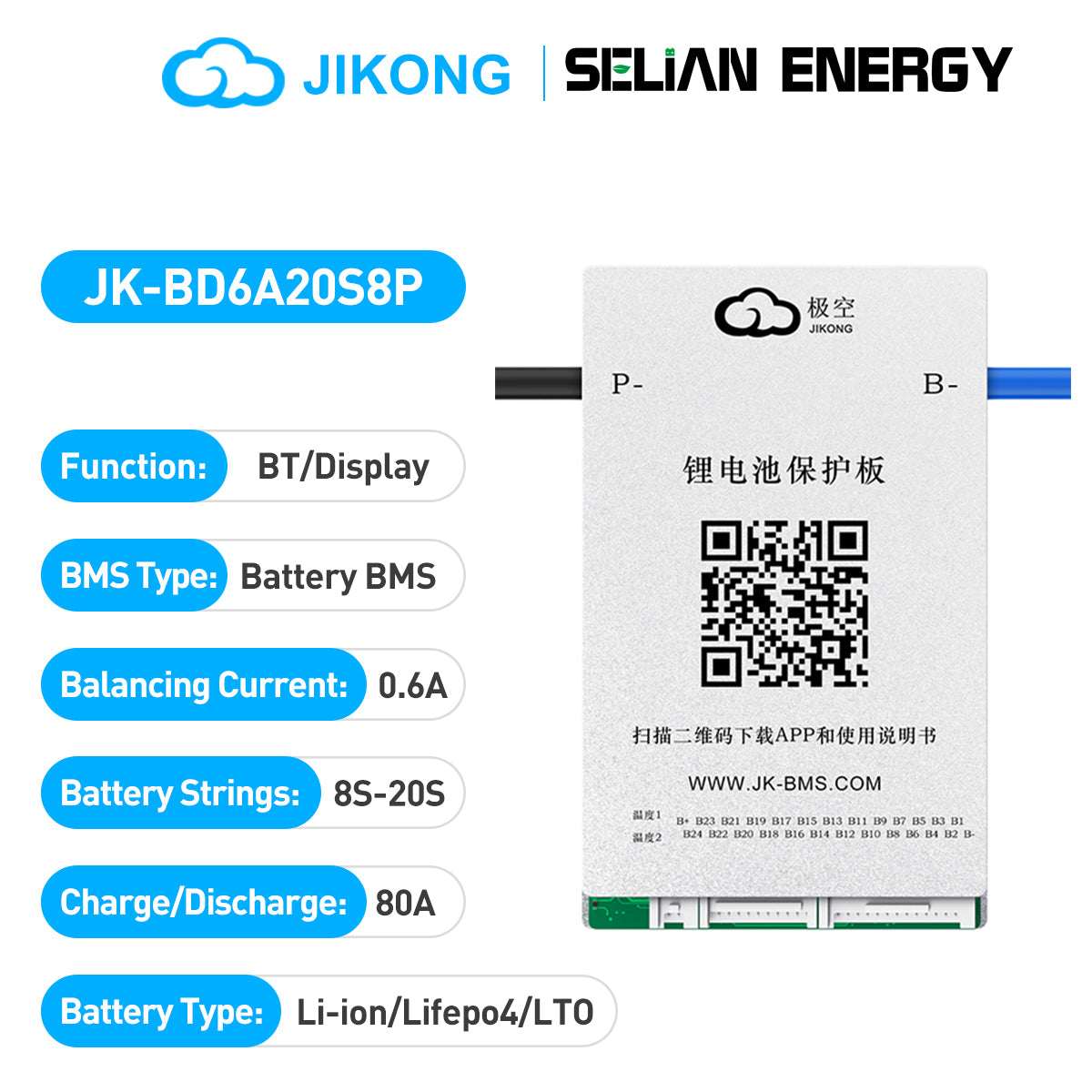 JK BMS 4S 24S Smart BMS 60A 100A 150A 200A for DIY Battery kits