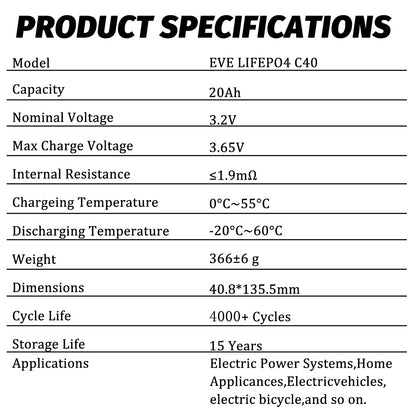 EVE C40 lifepo4 battery Grade A 3.2V 20AH 3C Cylindrical LiFePO4 battery Cell for Batteries pack Ev Rv