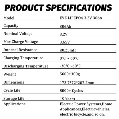 EVE MB30 Lifepo4 Battery 3.2v 306ah Grade A 10000+ deep cycles Lifepo4 Prismatic cells for Energy Storage