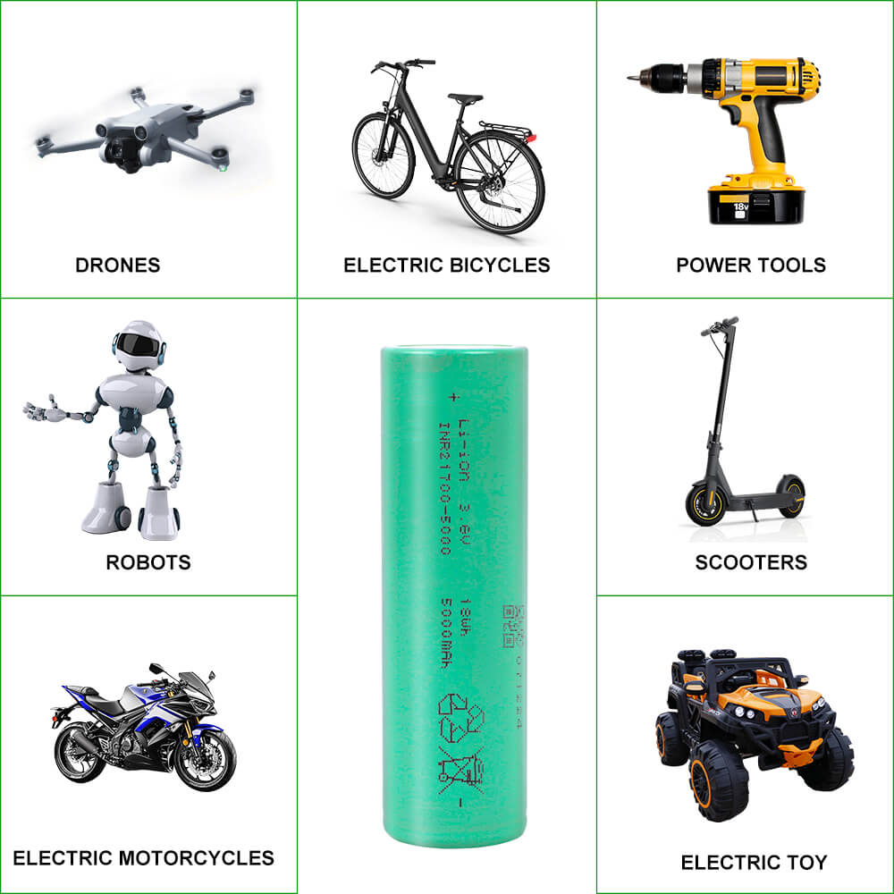 Batterie lithium-ion EVE 50pl 21700 3,6 V 5000 mAh (en stock dans l'UE), courant de décharge maximal de 180 A et taux de décharge de 36C. Compatible avec vélos et scooters électriques.
