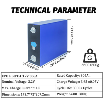 EVE MB30 Lifepo4 Battery 3.2v 306ah Grade A 10000+ deep cycles Lifepo4 Prismatic cells for Energy Storage