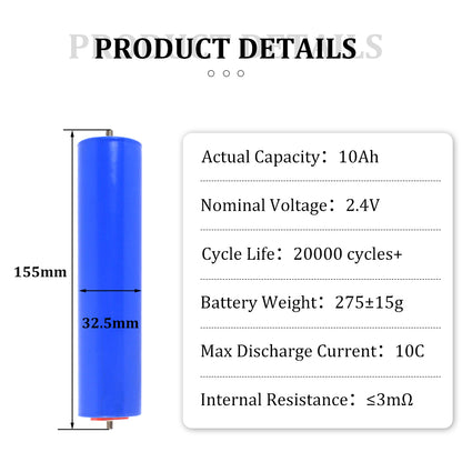 LTO 2.3V 10A Lithium Titanate Battery Cell Grade A 25000+ Cycles 32145 Cylindrical LTO Cell for DIY 12V 24V 48V Car Audio