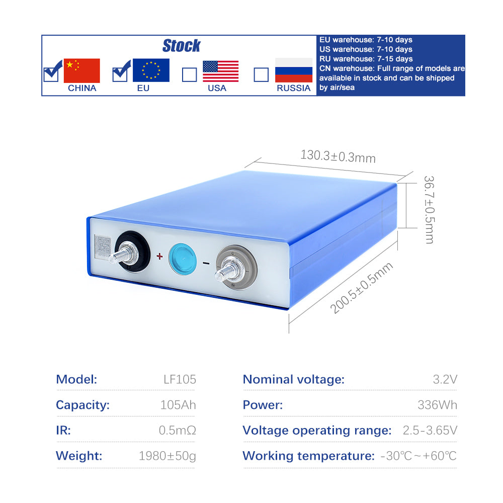 EU Stock EVE 3.2V 105Ah Lifepo4 CELL Grade A LF105  48V 51.2V 100Ah Solar Batterie System Energy storage