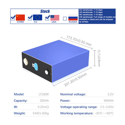 EU Stock EVE LF280K 3.2V Lifepo4 battery Grade A rechargeable cells Long Cycle Life For Solar System