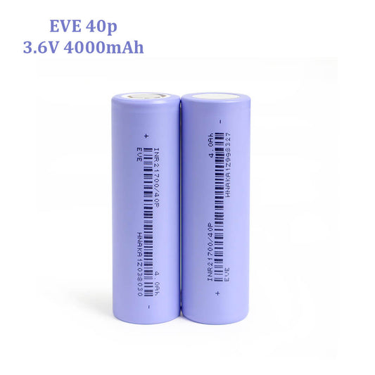 Batterie lithium-ion EVE 50pl 21700 3,6 V 5000 mAh (en stock dans l'UE), courant de décharge maximal de 180 A et taux de décharge de 36C. Compatible avec vélos et scooters électriques.