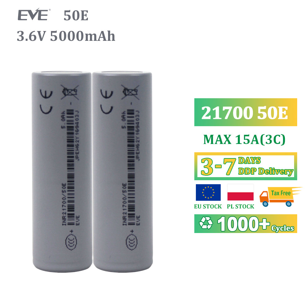 Batterie lithium-ion EVE 50pl 21700 3,6 V 5000 mAh (en stock dans l'UE), courant de décharge maximal de 180 A et taux de décharge de 36C. Compatible avec vélos et scooters électriques.