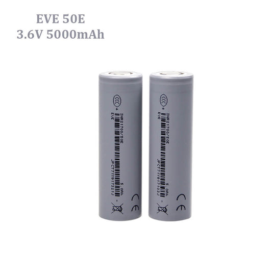 Batterie lithium-ion EVE 50pl 21700 3,6 V 5000 mAh (en stock dans l'UE), courant de décharge maximal de 180 A et taux de décharge de 36C. Compatible avec vélos et scooters électriques.