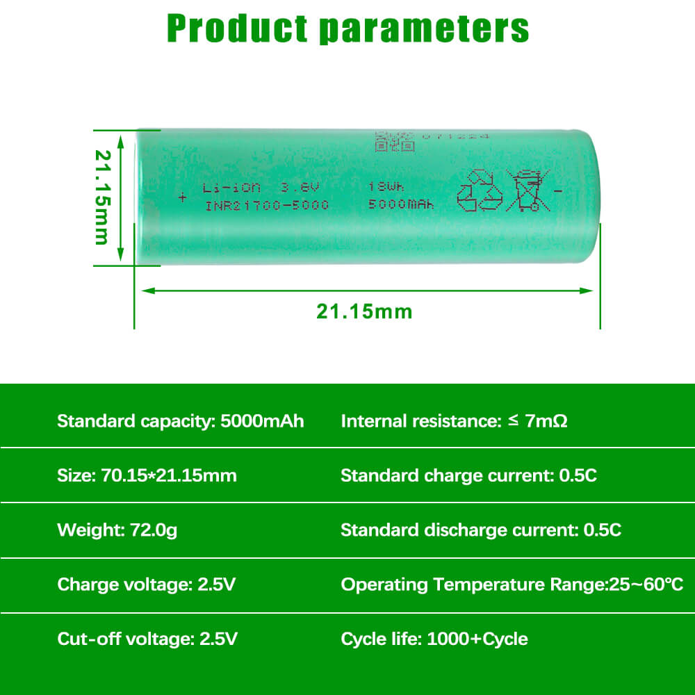 Batterie lithium-ion EVE 50pl 21700 3,6 V 5000 mAh (en stock dans l'UE), courant de décharge maximal de 180 A et taux de décharge de 36C. Compatible avec vélos et scooters électriques.