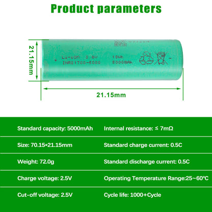 Batterie lithium-ion EVE 50pl 21700 3,6 V 5000 mAh (en stock dans l'UE), courant de décharge maximal de 180 A et taux de décharge de 36C. Compatible avec vélos et scooters électriques.