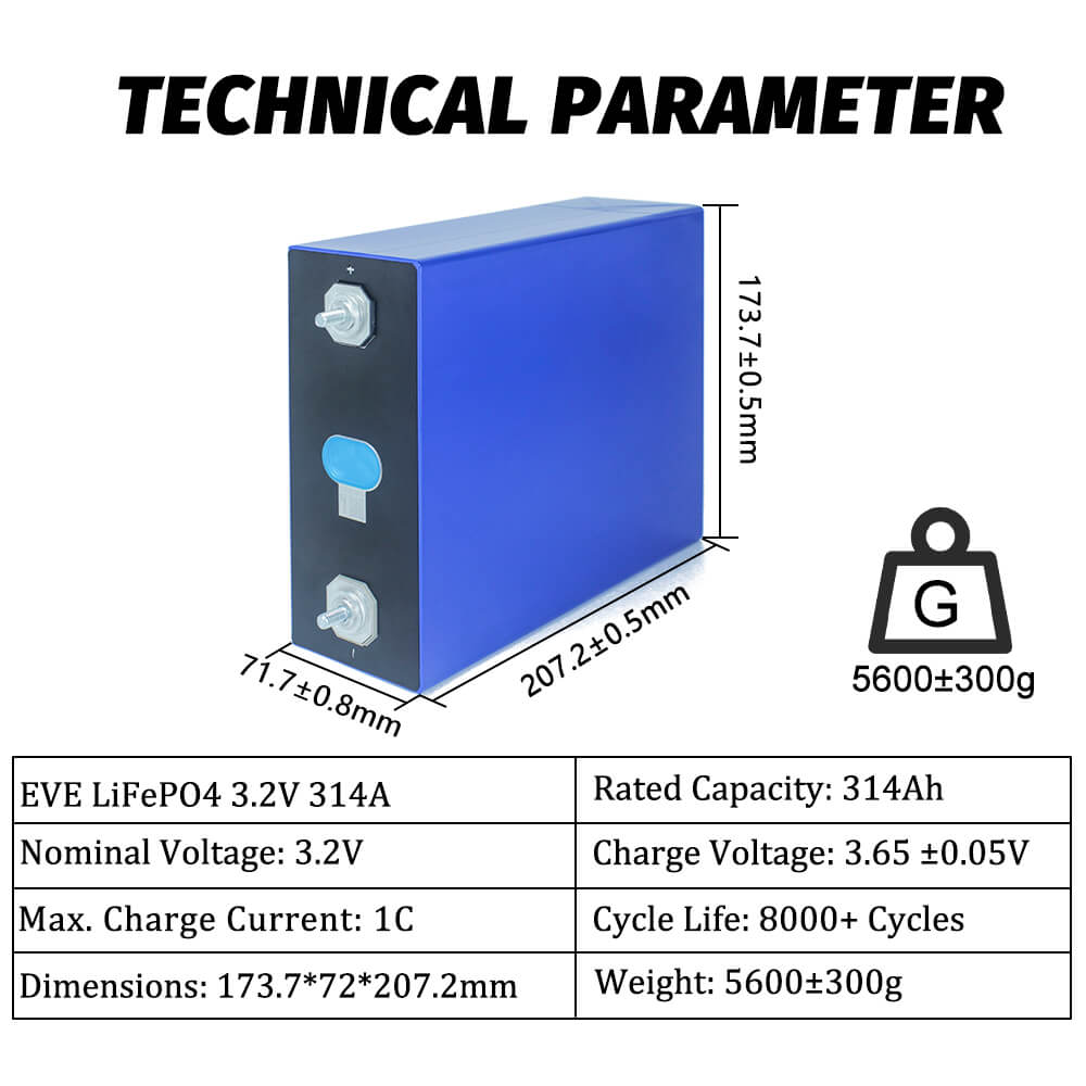 EVE MB31 314Ah LiFePO4 prismatic battery cell dimensions and weight specification