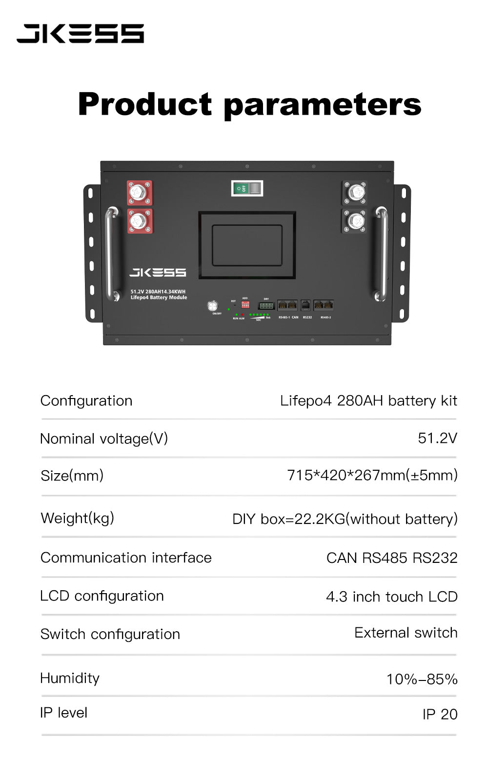 JKESS 51.2V 15kWh Lifepo4 Battery Box DIY 16S Kit with 200A JK V19 BMS for 280Ah/314Ah Cells EU Warehouse Tax Free