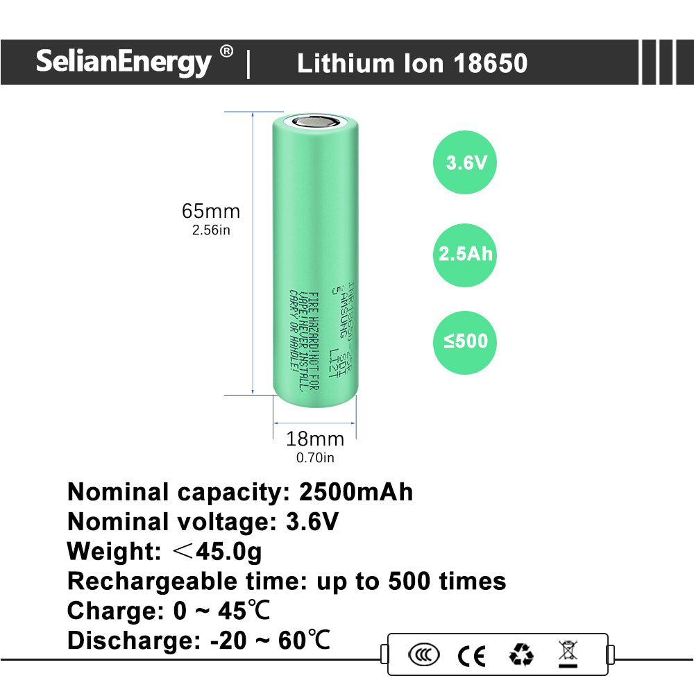 Samsung 25RM 18650 3.6V 2500mAh NMC Battery SelianEnergy For LED Flashlight Kid Toys Fish Finder